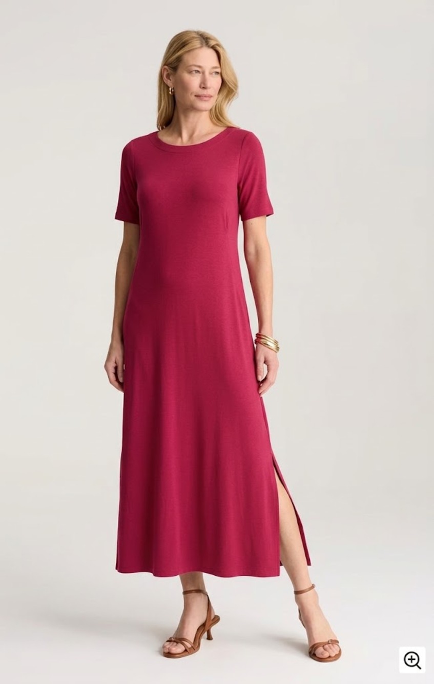 J.Jill Wearever Red Jersey Knit Maxi Dress Medium Short Sleeve Side Slits EUC
